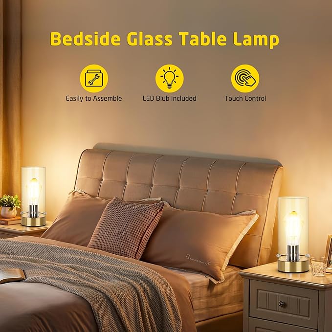 Table Lamp for Bedroom Living Room, Bedside Modern Nightstand Lamp with Glass Lamp Shape, 2700K 6W Glass Bulb Included(Gold).