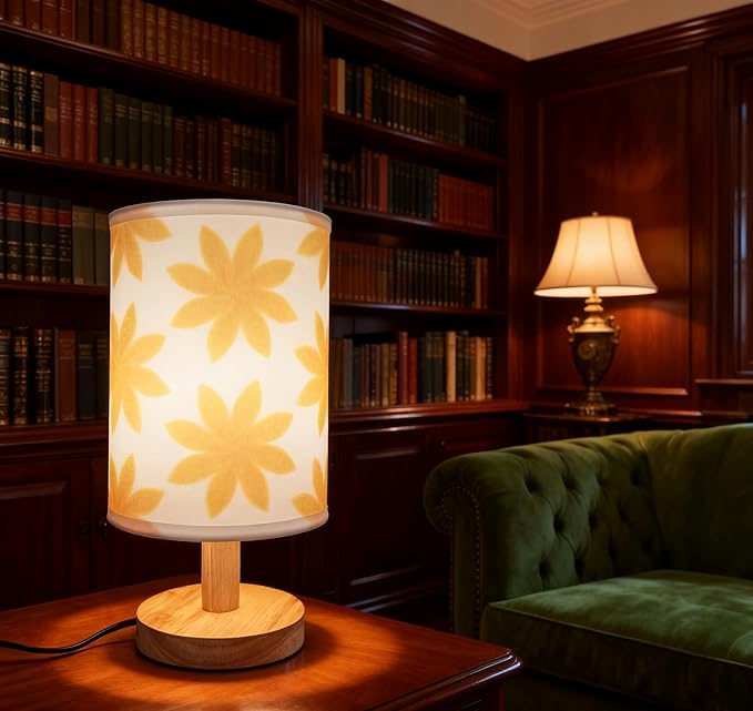 9.8" Flower-Patterned Small Table Lamp | Inline Control & 3 Brightness Levels | Yellow Shade Bedside Lamp for Bedroom,Living Room,Study,Dorm,Home Office,Baby Room & Kitchen