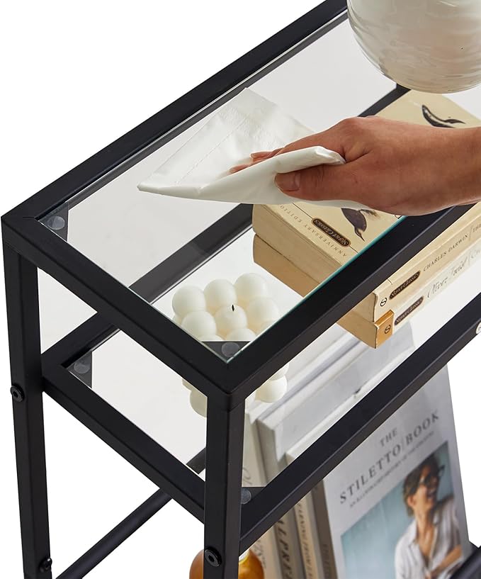 IBUYKE Narrow Side Table with Storage Shelf, 3 Tier Slim End Table,Modern Sofa Table, Small Nightstand, Telephone Table for Small Spaces,for Living Room, Bedroom, Black UTMZ002B