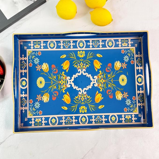 Boho Blue Decorative Tray, Serving Tray with 4 Handles, Plastic Tray for Coffee Table, Ottoman - Ideal for Living Room & Bathroom. 15” x 11” x 1.9”