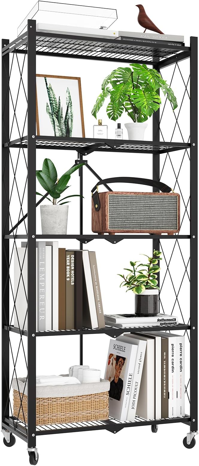 64" H 5 Tier Foldable Storage Shelf with Wheels, Folding Shelving Loads 500 LBS, Metal Steel Garage Shelves, Rolling Standing Utility Rack for Kitchen, Pantry, Office, Black