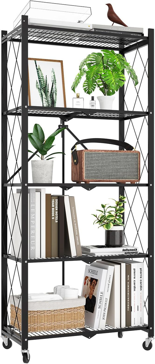 64" H 5 Tier Foldable Storage Shelf with Wheels, Folding Shelving Loads 500 LBS, Metal Steel Garage Shelves, Rolling Standing Utility Rack for Kitchen, Pantry, Office, Black