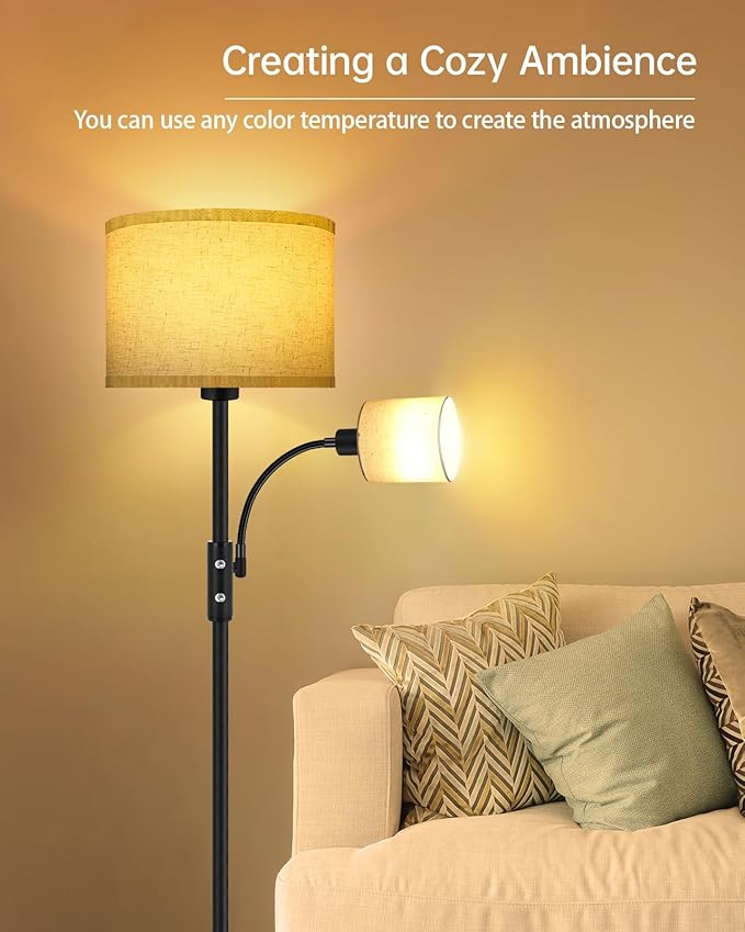 Floor Lamps for Living Room, Modern Floor Lamp with Reading Lamp(9W, 4W), 3 Color Temperature LED Bulbs, 62" Tall Standing Lamp, Beige Lampshades, Simple Pole Lamps for Bedroom/Office/Kids Room/Den