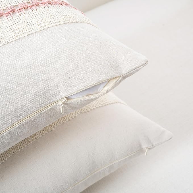 Fancy Homi Set of 2 Boho Pink Decorative Throw Pillow Cover 16x16 Inch for Couch Bed Sofa, Aesthetic Modern Organic Farmhouse Home Decor, Soft Cotton Cute Accent Macrame Woven Cushion Case