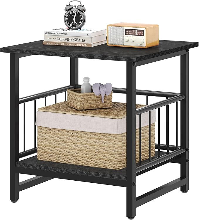 18" Square End Table, Modern Nightstand Side Table, Nightstand with Open Storage Shelf for Living Room, Heavy Duty Stand of Mini Beverage for Dorm, Kitchen Room, Black