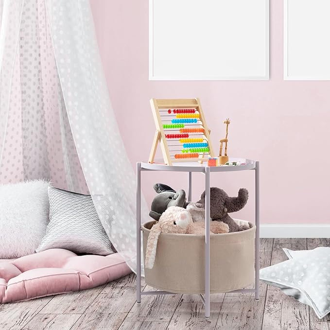 danpinera Round Side Table with Fabric Storage Basket, Metal Side Table Small Bedside Nightstand with Removable Tray Top for Living Room, Bedroom, Nursery, Laundry, Light Violet