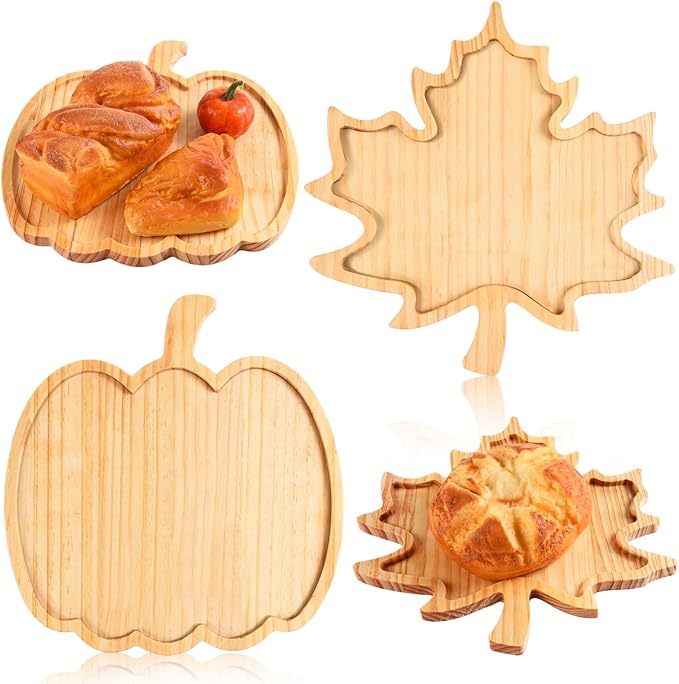 FOBSME 2 Pcs Thanksgiving Wooden Serving Platters Pumpkin and Maple Leaf Charcuterie Boards Fall Wood Serving Trays Decorative Wood Snack Dish Plates for Autumn Harvest Holiday Housewarming Presents