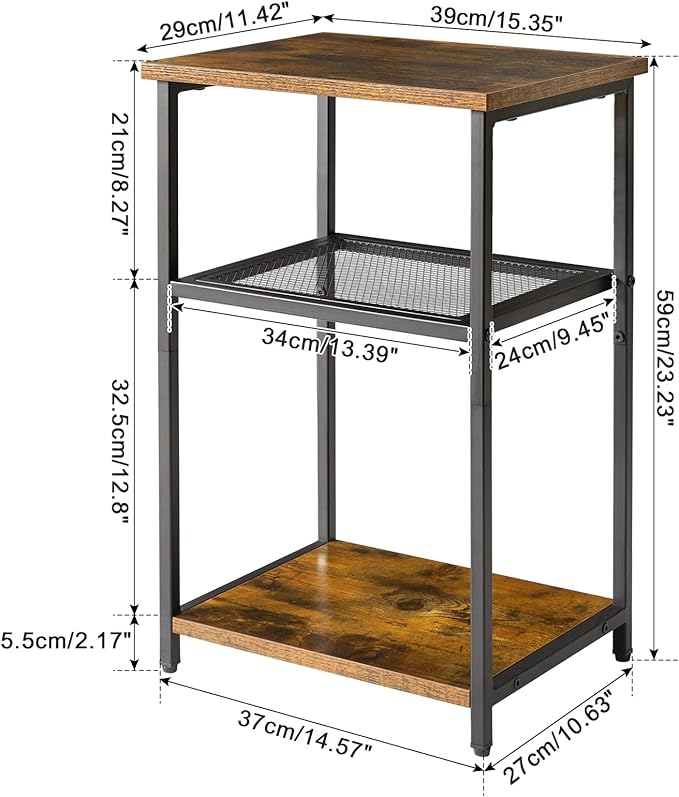 IBUYKE Side Table,3-Tier End Table, Industrial Nightstand Small Table with Storage Shelf, for Bedroom, Living Room, Hallway, with Metal Frame,Rustic Brown UTMJ403H