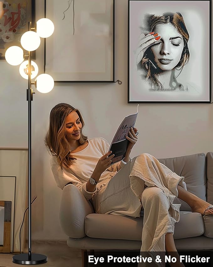 Lightdot 5-Globe Dimmable Globe Floor Lamp Black Standing Lamps with 5Pcs 3000K G9 Bulbs Stepless Brightness Adjustable Retro Mid Century Modern Floor Lamp with Stable Base for Living Room/Office