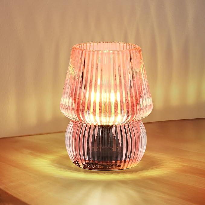 Battery Operated Lamp with Timer, Small Cute Cordless Glass Table Lamp for Home Decor, Kitchen, Bathroom, Birthday Gift for Women, Mushroom, Pink