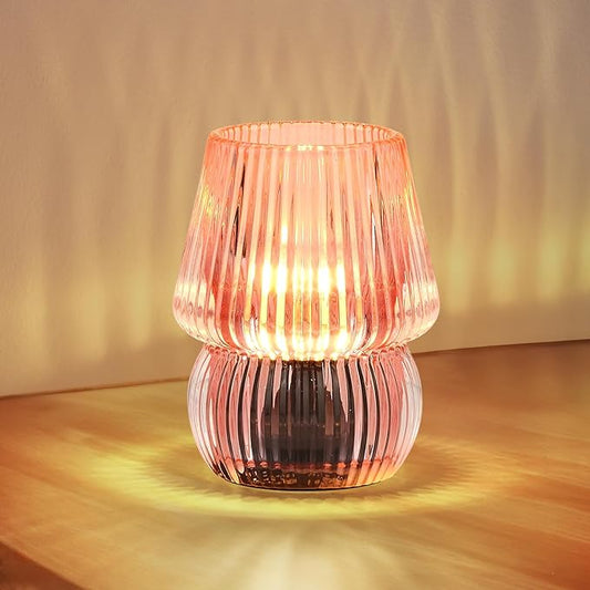 Battery Operated Lamp with Timer, Small Cute Cordless Glass Table Lamp for Home Decor, Kitchen, Bathroom, Birthday Gift for Women, Mushroom, Pink