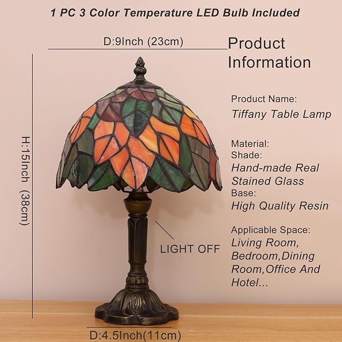 Tiffany Lamp Maple Leafs Stained Glass Bedside Nightstand Table Lamp,3-Way Color Temperature,Handcrafted Small Lamps for Living Room,Bedroom+LED Bulb,Home Decor Gifts,9X9X15Inch