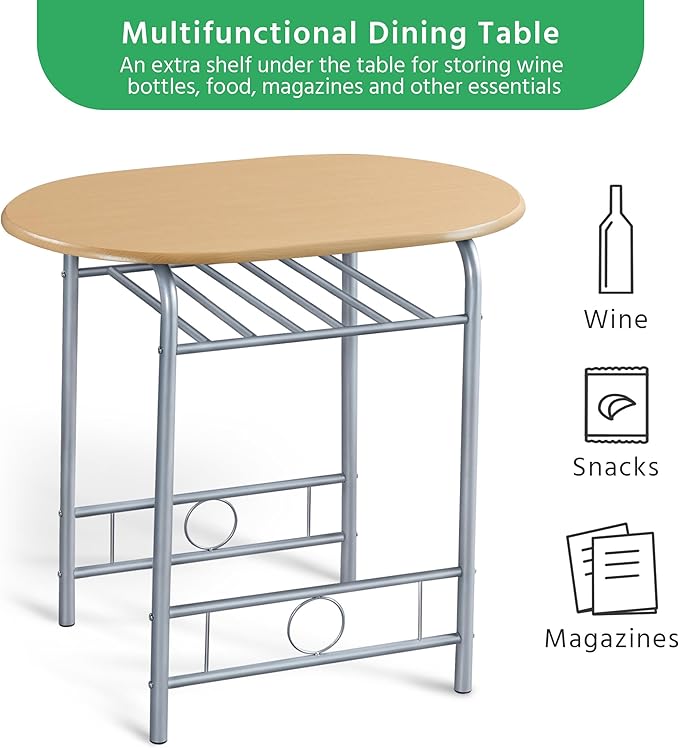 Yaheetech 3 Piece Dining Table Set, Kitchen Table & Chair Sets for 2, Compact Bistro Table Set with Steel Legs, Built-in Wine Rack for Small Space, Apartment, Breakfast Nook, Natural