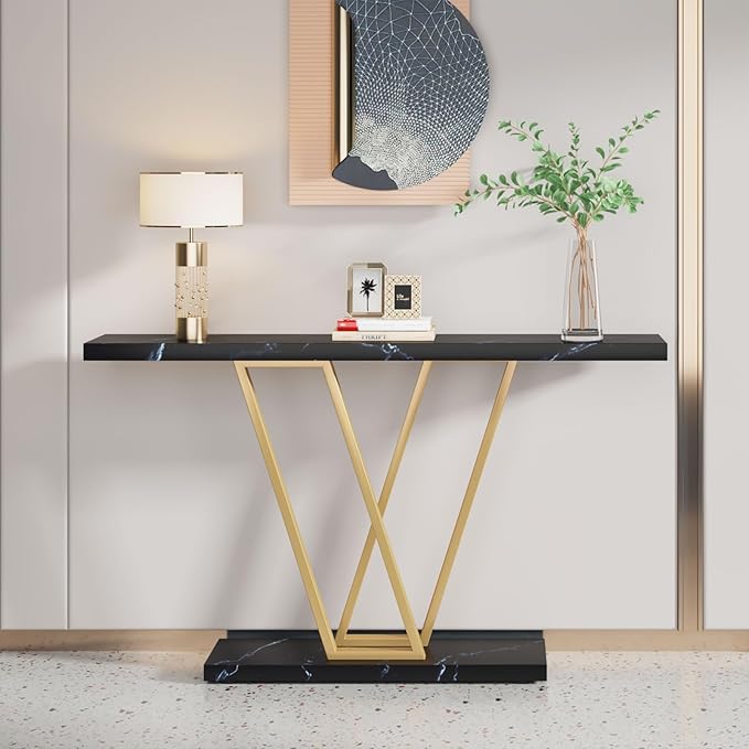 VANOMi Black Faux Marble Entryway Table, Modern Sofa & Console Table Narrow Side Table for Living Room, Entryway, Black