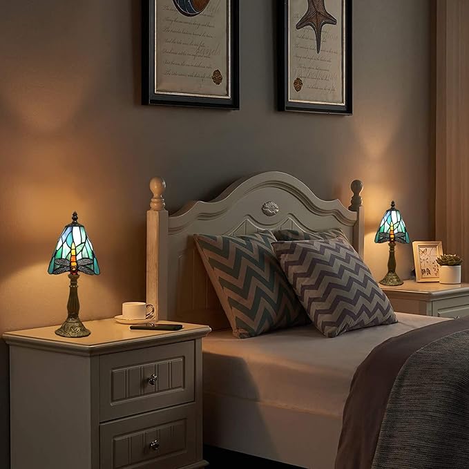 Tiffany Small Lamp Blue Dragonfly Stained Glass Bedside Nightstand Table Lamp,3-Way Color Temperature Handcrafted Lamps for Living Room Bedroom+ LED Bulb,Gifts for Home Decor,6X6X13Inch