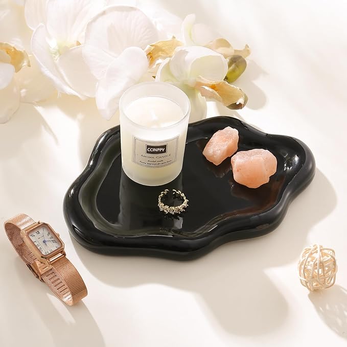 Ceramic Jewelry Tray Trinket Dish, Decorative Cloud Vanity Key Tray for Women, Ring Holder Dish, Cute Jewelry Plate Bowl Room Decor Aesthetic, Black, Large