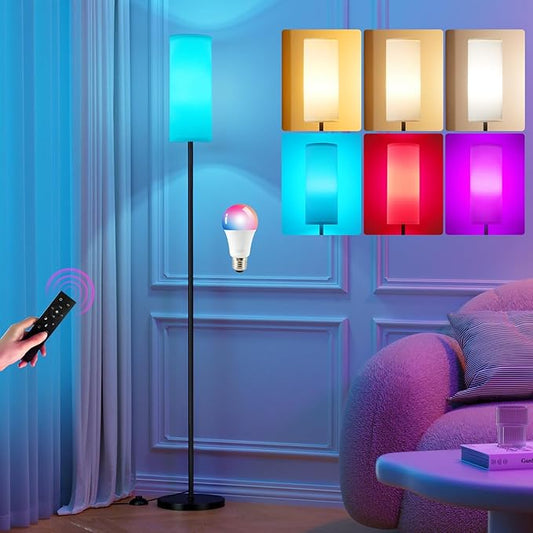 Ambimall 64'' Floor Lamps for Living Room with Remote Control and RGB + Stepless Dimmable Colors Temperature & Brightness, 9W Smart Bulb Included(White Shade & Black Pole)