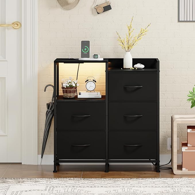 Somdot Black Nightstand with Charging Station and LED Light, Wide 5 Drawers Dresser for Bedroom with Fabric Bins and Open Shelf for Bedroom Kids Closet Dorm Guest Room, Black
