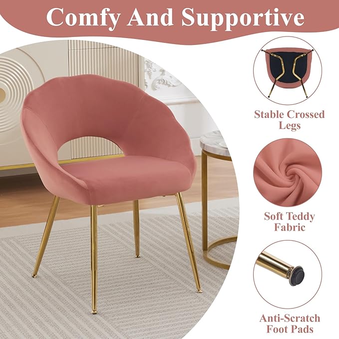 Modern Small Accent Chair Set of 2, Comfy Velvet Vanity Chair with Shell Back & Golden Metal Legs, Decorative Chair no Wheels for Living Room, Makeup Room, Bedroom, Pink