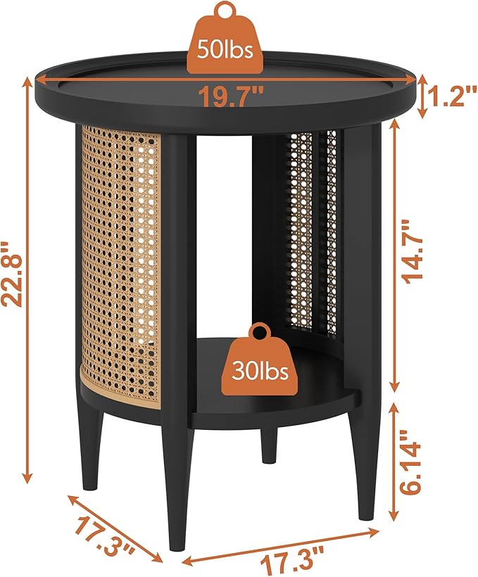 Yusong Round End Table Rattan Style Side Table with Solid Wood Legs, Boho Style Nightstand Bedside Table with 2-Tier Shelves, Small Coffee Table for Living Room Bedroom Small Spaces Black