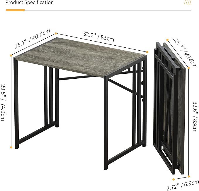 32 inch Small Folding Desk, Writing Gaming Computer Camping Desk for Small Spaces, No Assembly Required Home Office Desk, Black Oak
