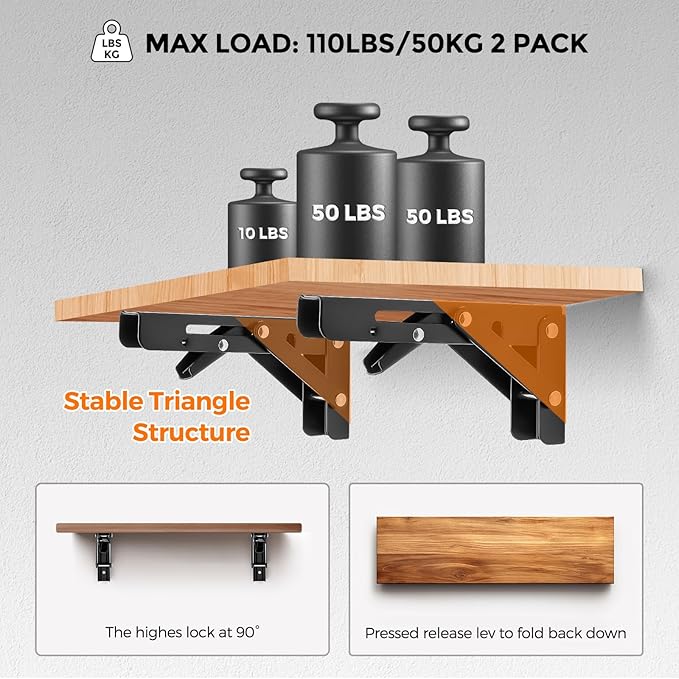 JOY DECOR 6 Inch Heavy Duty Folding Shelf Brackets, 4 Pack (2 Pairs) Collapsible Wall Mounted Brackets for Fold Down Table, Stainless Steel Folding Table Hinge, Matte Black