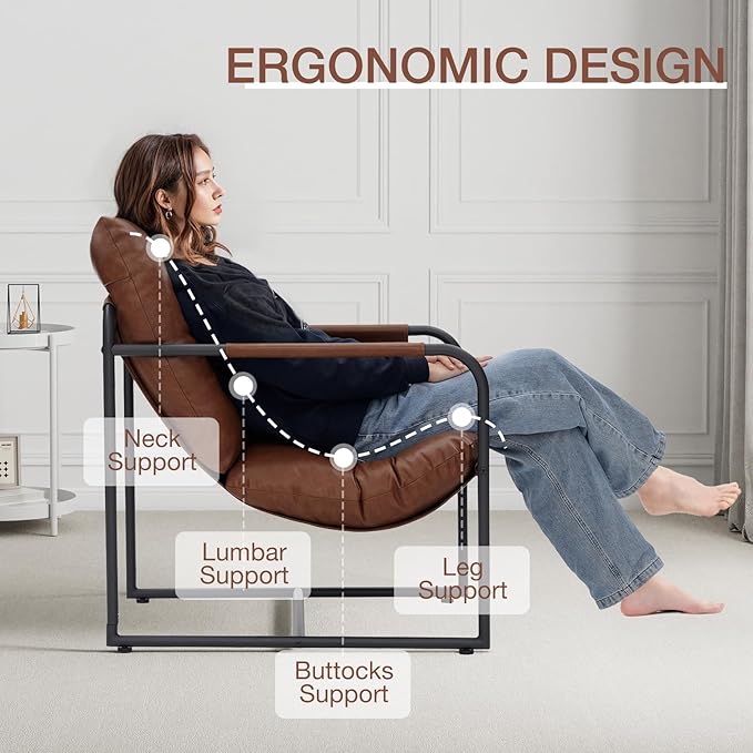 HOMMPA Sling Accent Chair, Steel Frame Lounge Arm Chair Living Room Chair with Side Storage Pocket, Faux Leather Surface Reading Accent Chair Mid Century Modern Bedroom Chair, Brown