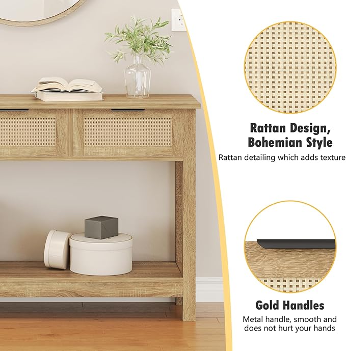 Luoxiao Rattan Console Table Boho Entryway Table with 3 Drawers Storage, Narrow Long Behind Couch Sofa Table for Living Room Side Table Entry Way Table Entrance Hallway Foyer, Natural, 47 Inch