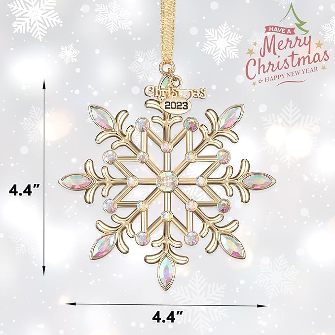 Christmas Snowflake Ornaments 2023 Decor for Christmas Tree Metal Hanging Rhinestones Glitter Crafts Snow Flake Decorations Indoor for Holidays Winter Home Window Room Door-Gold