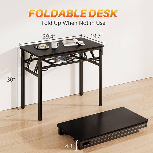 BYMECOST 39.4" Folding Desk, No Assembly Computer Desk, Small Foldable Table with Storage Shelf, Study Table for Small Space, Writing Desk Compact Desk for Home Office (Black, 39.4")