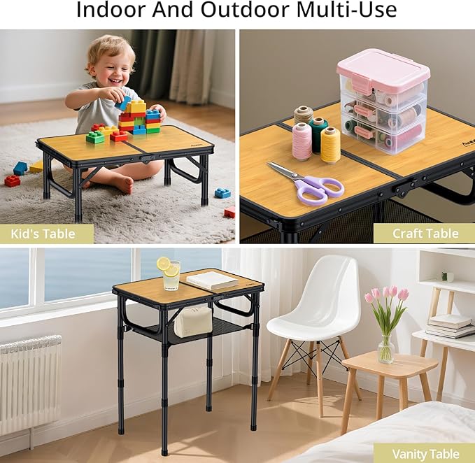 Anbte 2ft Camping Table Foldable with Storage Net, 3 Adjustable Heights Aluminum Small Folding Table, Lightweight, Portable Handle, for Travel Outdoor Beach Camping Picnic, 23.2" x 16", Yellow