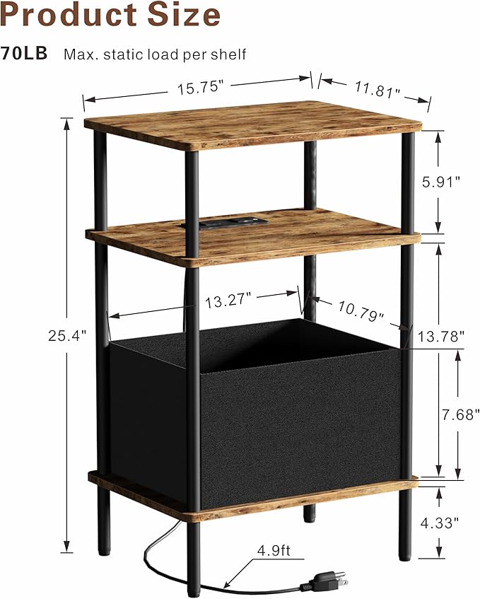 Small Side Table with Charging Station, Set of 2 End Table for Small Spaces, Slim Nightstand with Outlet,Sofa Beside Table,Living Room, Bed Room, Rustic Brown