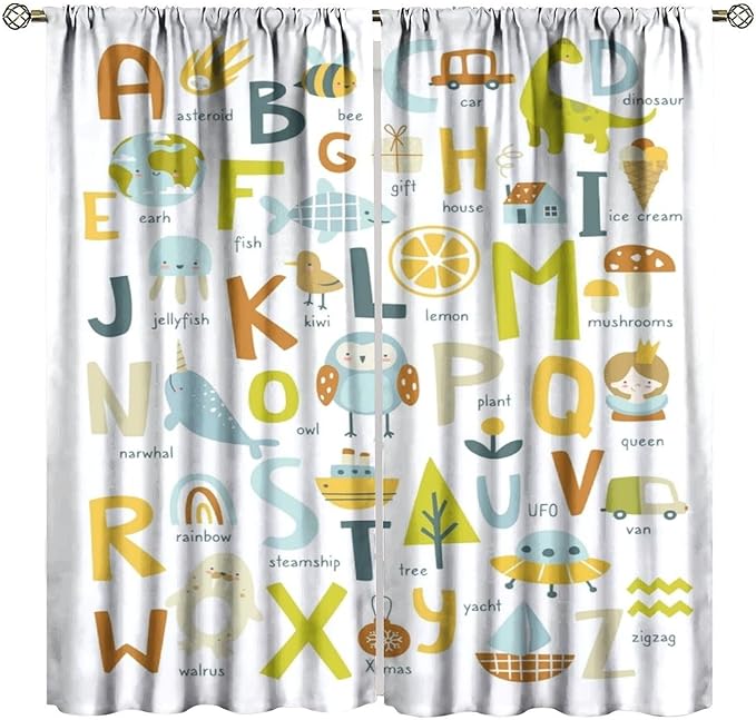 BAEKJIN Kids Alphabet Curtains，Catoon Animals Pattern Print Decor Window Drapes for Bedroom Living Room 42x45 Inch