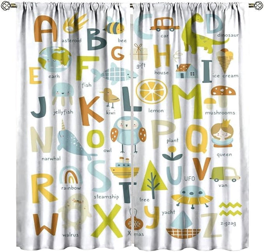 BAEKJIN Kids Alphabet Curtains，Catoon Animals Pattern Print Decor Window Drapes for Bedroom Living Room 42x45 Inch