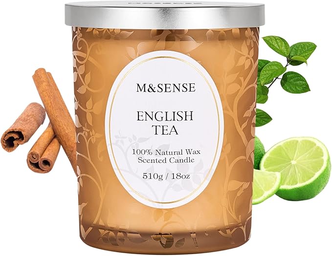 M&SENSE Earl Grey Tea Scented Candle, Cracking Wooden Wick Soy Wax, 18oz 100 Hours Long Lasting Clean Burn, Large Jar Candles for Home Decor, Non-Toxic Relaxing Aromatherapy Gifts for Women
