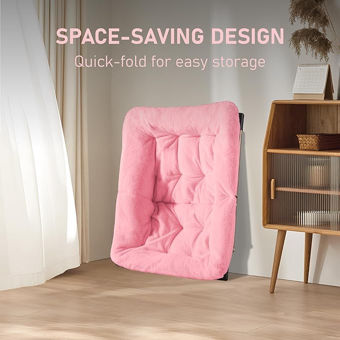 Comfy Oversized Saucer Chair, Soft Faux Fur Reading Lounge Chair for Adults, Stable X-Large Metal Frame and Non-Slip Pad, Foldable Cozy Chairs for Bedroom, Living Room, Dorm, Office, Pink