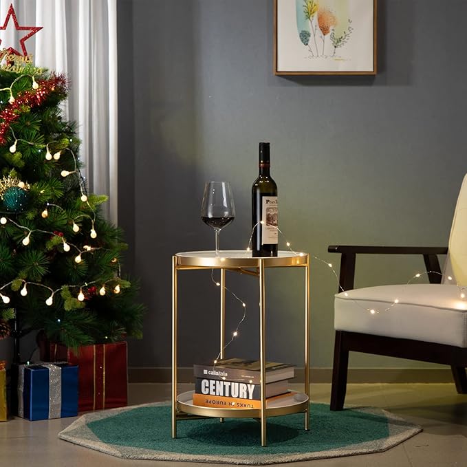 HollyHOME 2-Tier Round Gold Side Table, Outdoor Small Folding Accent Stand with Removable Tray, Anti-Rust Metal Asional Table for Balcony Patio Living Room, Nightstand for Bedroom(Gold&White)