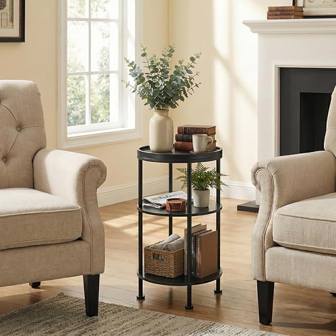 Small Round Side Table with Tray Top, 3-Tier Black End Table for Living Room & Bedroom, Modern Metal Nightstand with Storage Shelf, 11.8" Narrow Accent Table for Small Spaces, Balcony, Classic Black