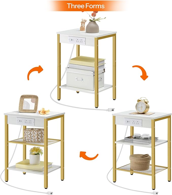 HOOBRO End Table with Charging Station and USB Ports, 3-Tier Nightstand with Adjustable Shelves, Small Side Table for Small Space in Living Room, Bedroom and Balcony, White and Gold DW112BZ01G1