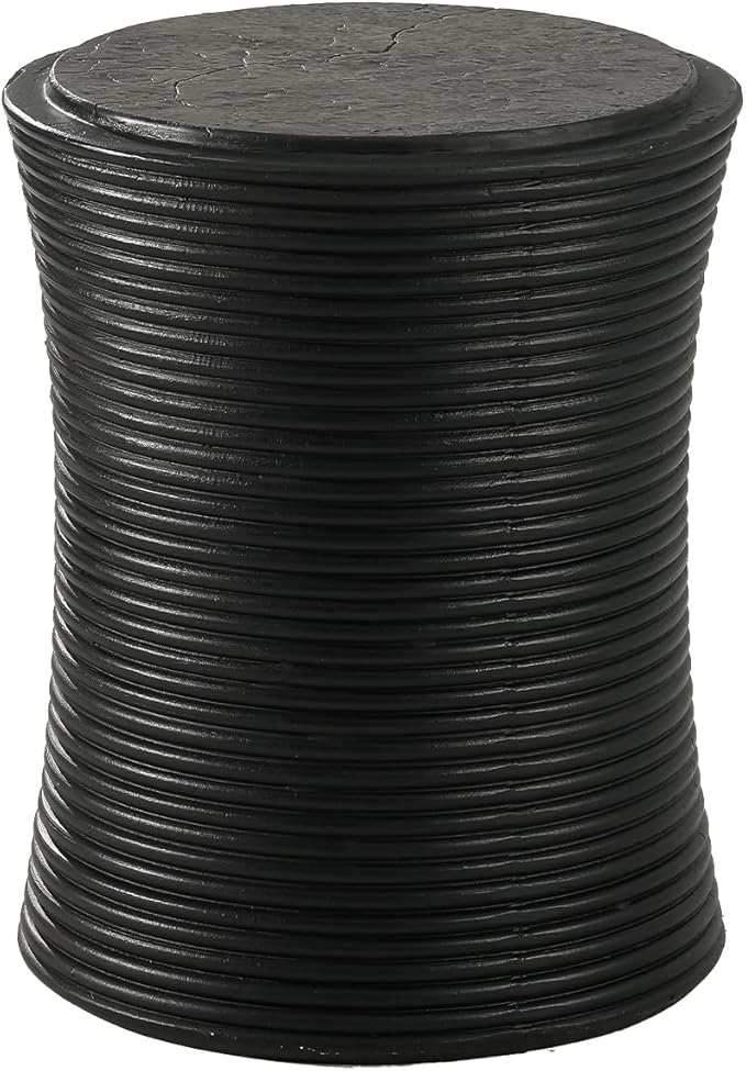 HOMPUS Concrete Outdoor Side Table w Cylindrical Thread Round Coffee Table, Home Decor Plant Stand Outdoor Accent Table Patio Drum End Table for Living Room, Bedroom or Balcony, Black