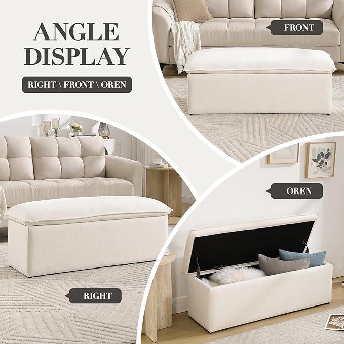 CIMOTA Storage Ottoman Bench, Upholstered End of Bed Storage Bench with Safety Hinge, Large Storage Chest with Seating, Modern Entryway Bench for Bedroom, Living Room, Linen Beige