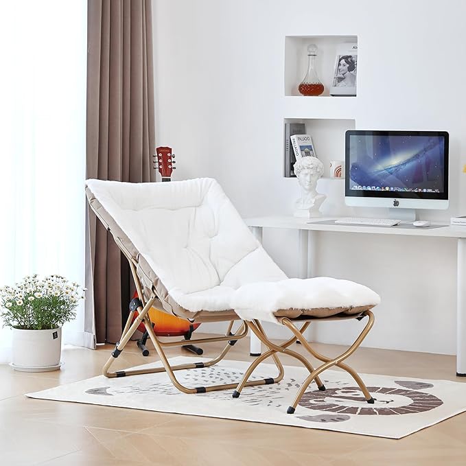 Comfy Folded Chair with Ottoman, Oversized Folding Faux Fur Chair Soft Furry Lounge Lazy Chair with Metal Frame Moon Chair Accent Chair for Bedroom, Living Room, Dorm Rooms