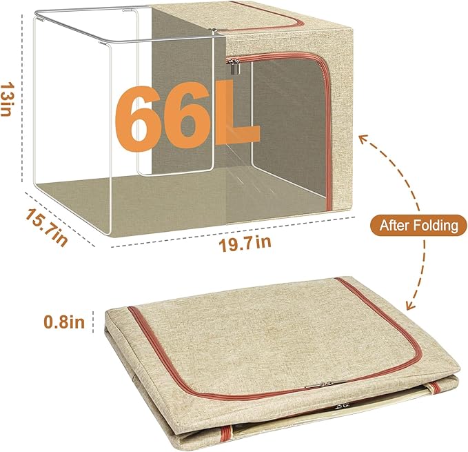 3 Pack Foldable Storage Bins with Metal Frame, Large Capacity Stackable Clothes Organizer with Clear Window & Carry Handles, Linen Fabric Storage Boxes for Closet (Beige, 3PCS-Large-66L)