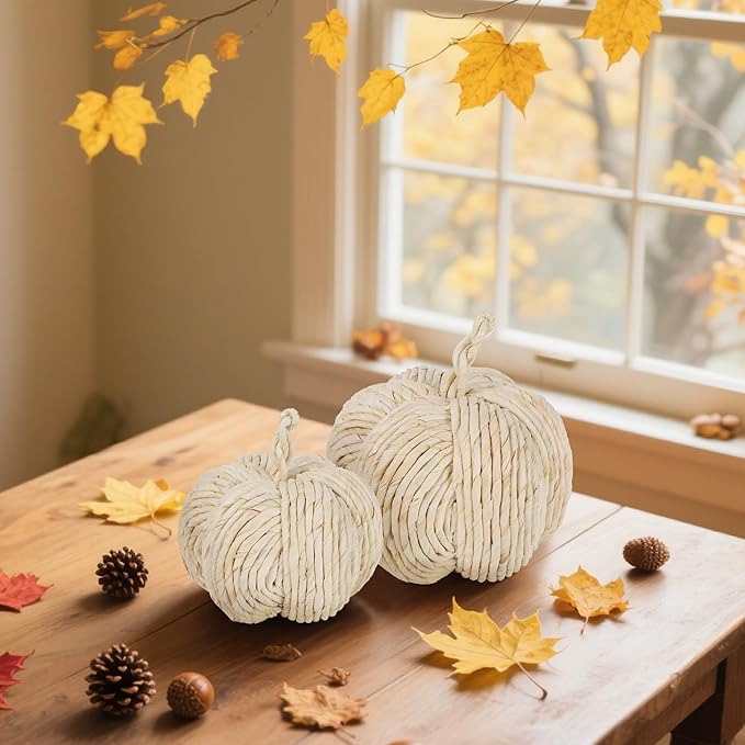 winemana 2 Pack Woven Pumpkin Decor - Fall & Thanksgiving Home Decorations, White Pumpkins Farmhouse Autumn Centerpieces for Table, Mantel, Porch Decor (Cattail Material, Assorted Size)