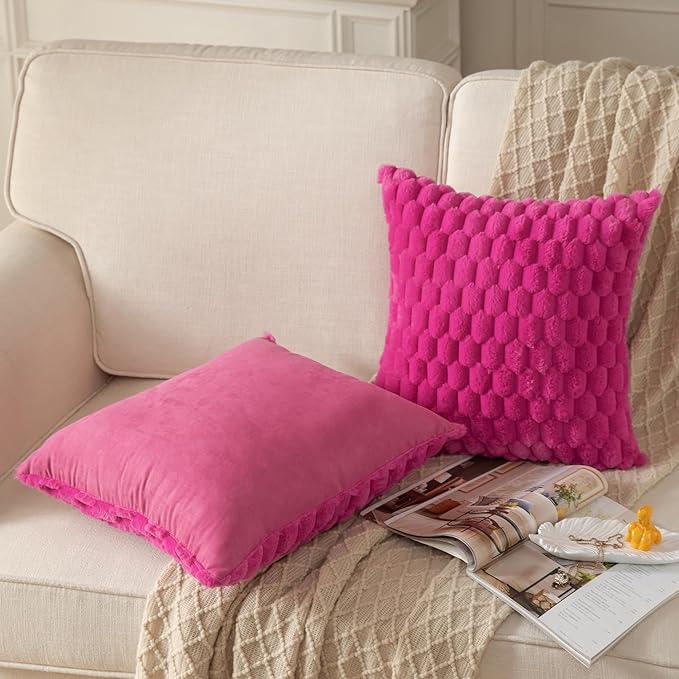 MANDIOO Pack of 2 Hot Pink Super Soft Plush Fluffy Decorative Throw Pillow Covers 12x20 inch Faux Fur Wool Velvet Cushion Covers Pillow Cases Couch Sofa Bed Living Room