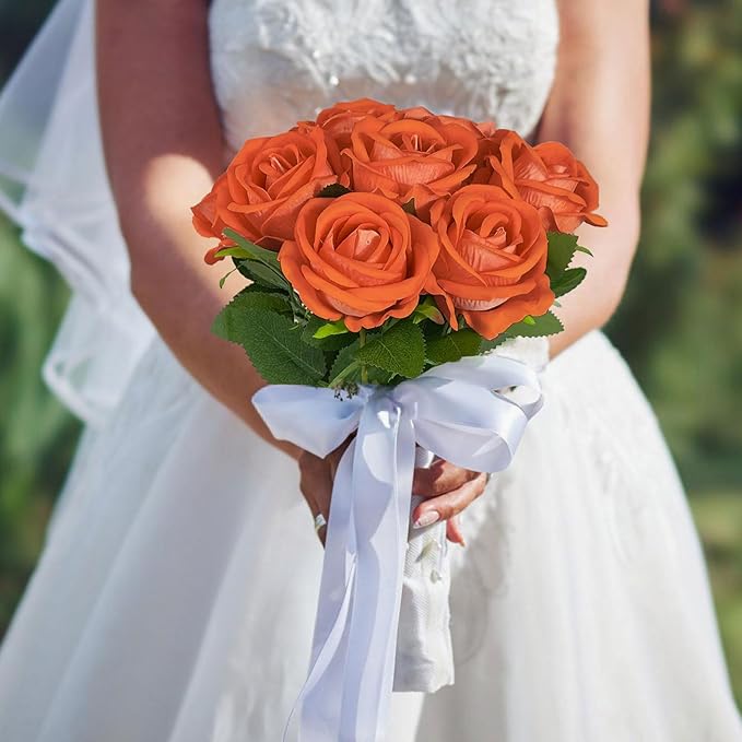 10 PCS Artificial Roses with Long Stems Silk Flowers Realistic Foam Flowers Fake Roses for Valentine's Day Autumn Fall Decor Halloween(Orange)