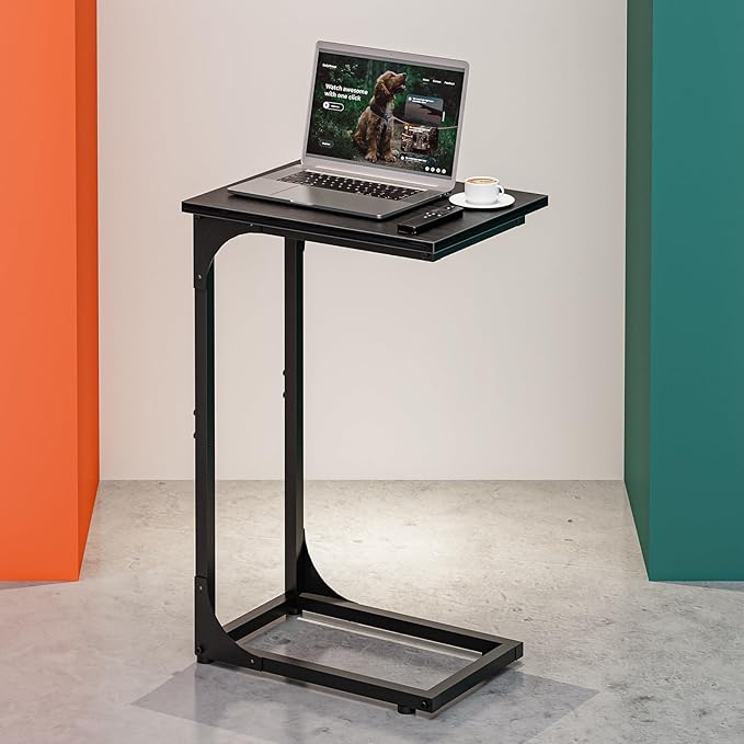 C-Shaped Side Table for Couch - Small Coffee Stand Sofa Tray Desk with Metal Frame and Waterproof Scratch Resistant, Modern End Accent for Living Room, Bedroom, Small Spaces, Black