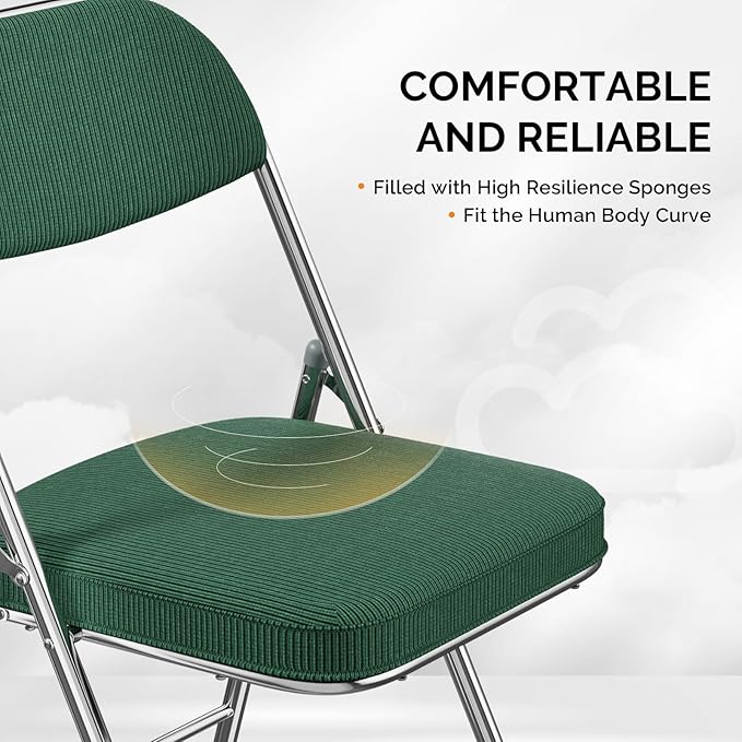 VINGLI 2 Pack Folding Chairs with Padded Seat & Backrest, Metal Frame, Durable Corduroy Fabric, 350 lbs Capacity, Set of 2, Olive Green – Ideal for Weddings, Parties, Office Events