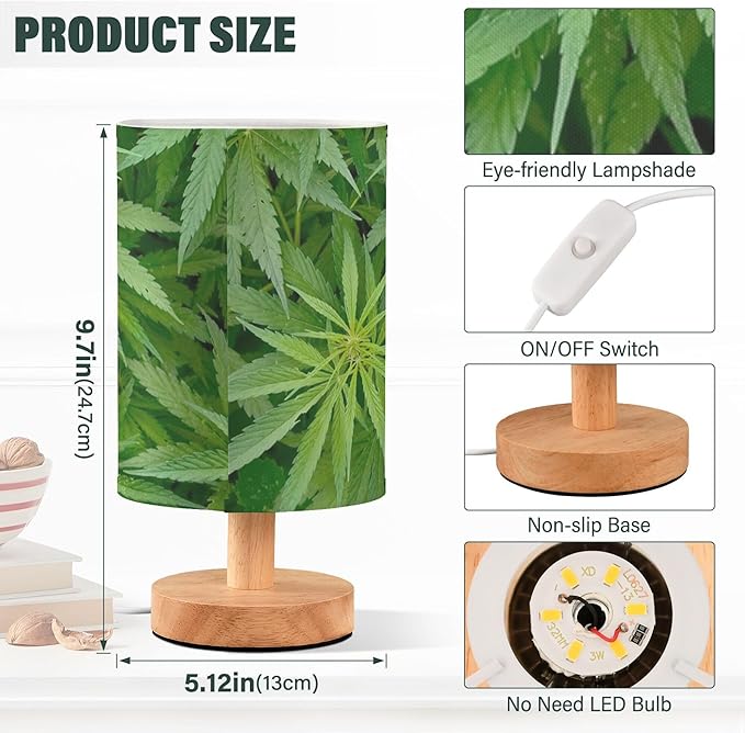 Table Lamp Green Marijuana Leaf Cannabis Weed Plant Leaves Nightstand Lamp with Wood Base Fabric Lamp Shade Bedside Desk Lamp for Living Room Bedroom Kids Room Office