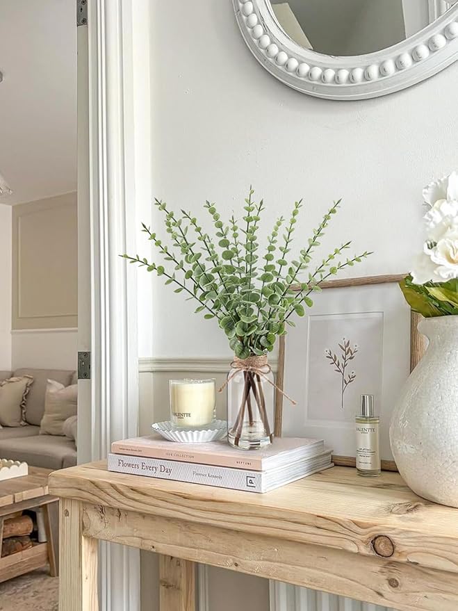 Artificial Eucalyptus Stems in Glass Vase with Faux Water，16.54" Fake Plants for Home Decor, Coffee Table Centerpieces, Office, Bathroom & Farmhouse Weddings - Faux Greenery Plants Decorations